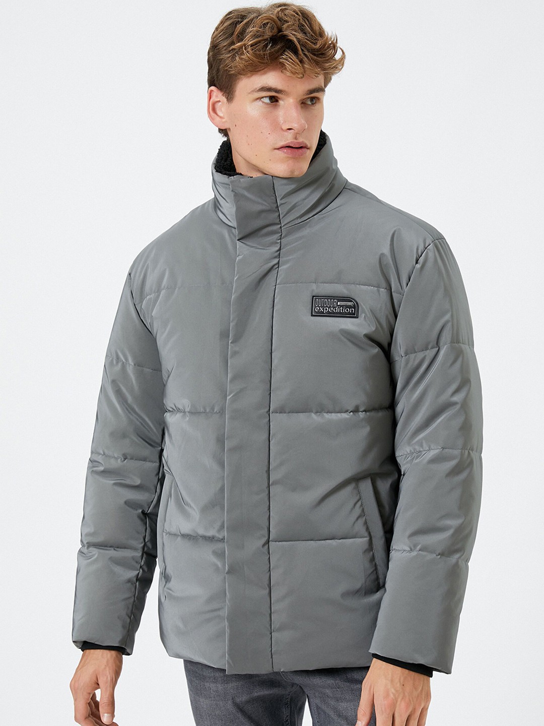 

Koton Men Mock Collar Solid Casual Bomber Jacket, Grey