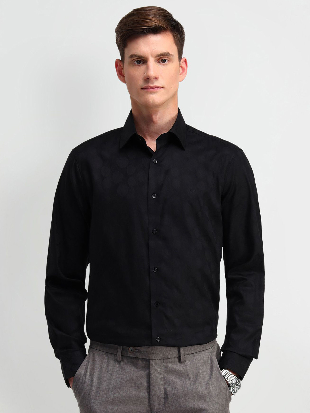 

Arrow Men Manhattan Spread Collar Textured Cotton Slim Fit Formal Shirt, Black
