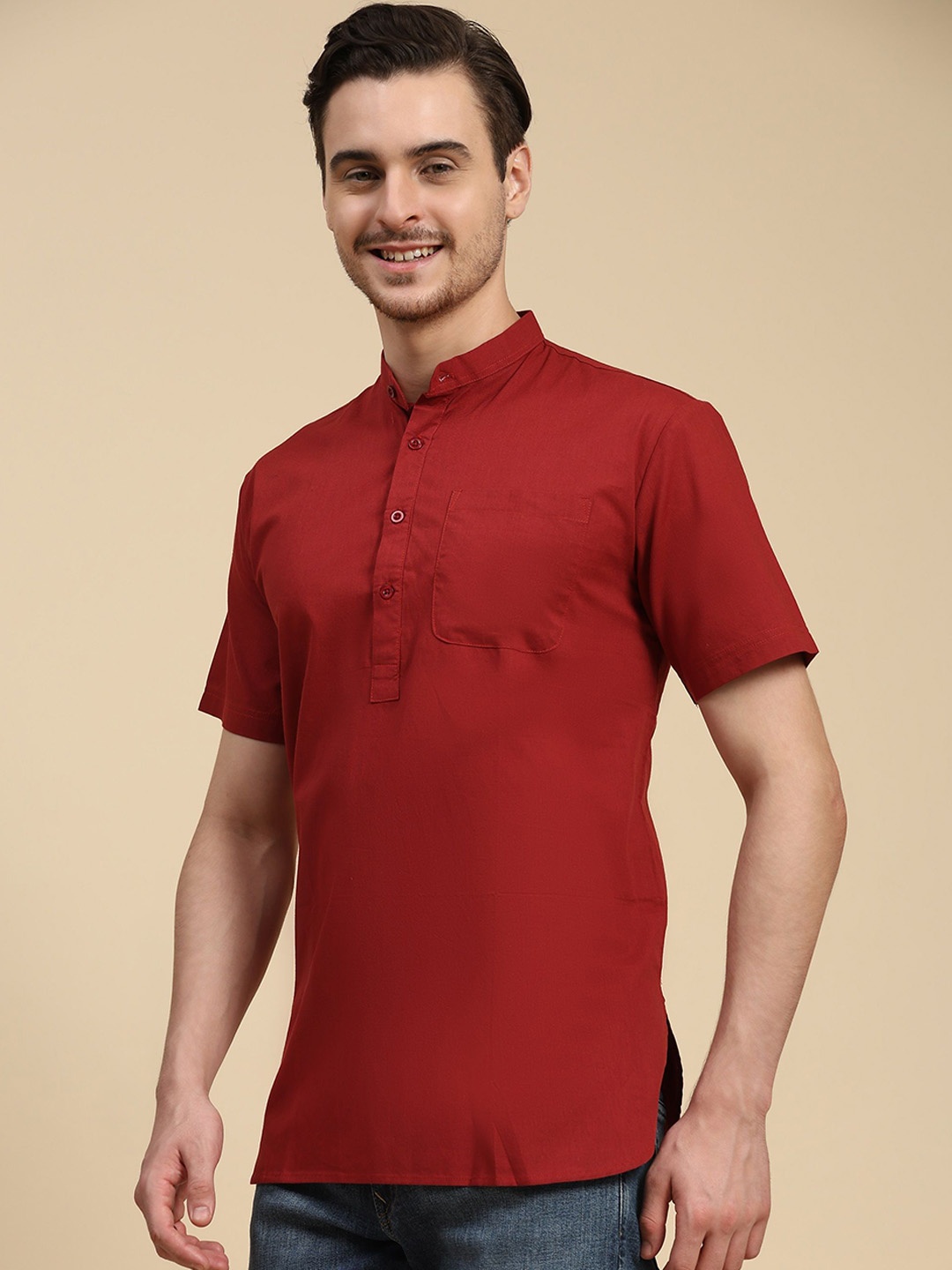 

SKAVIJ Mandarin Collar Cotton Pathani Kurta, Red