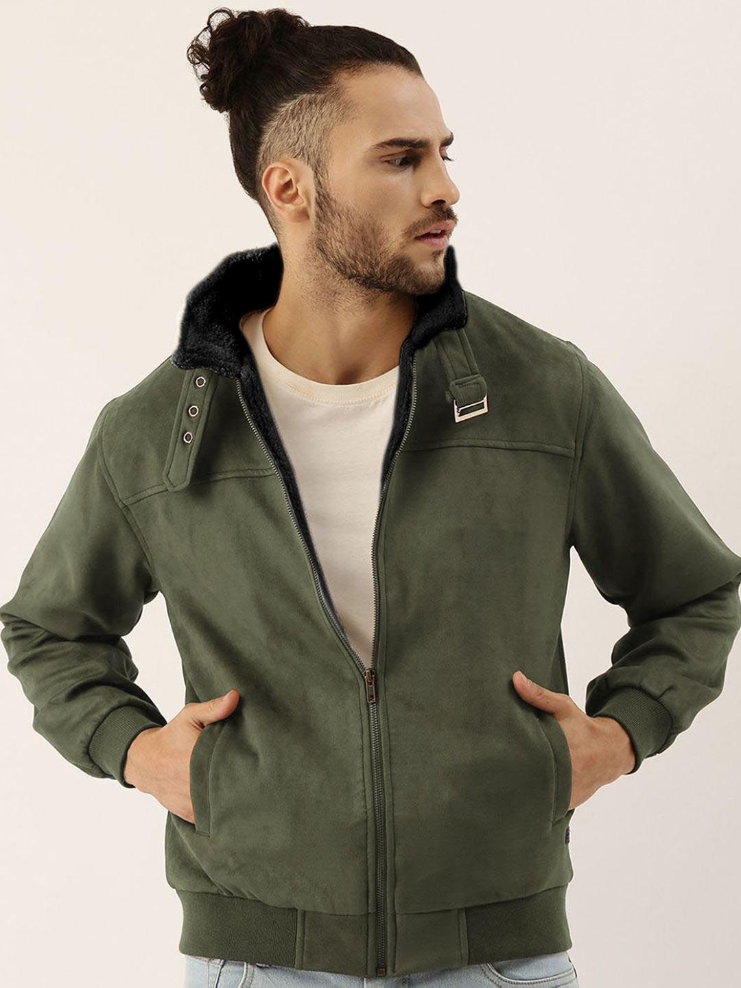 

Campus Sutra Men Spread Collar Solid Casual Bomber Jacket, Olive