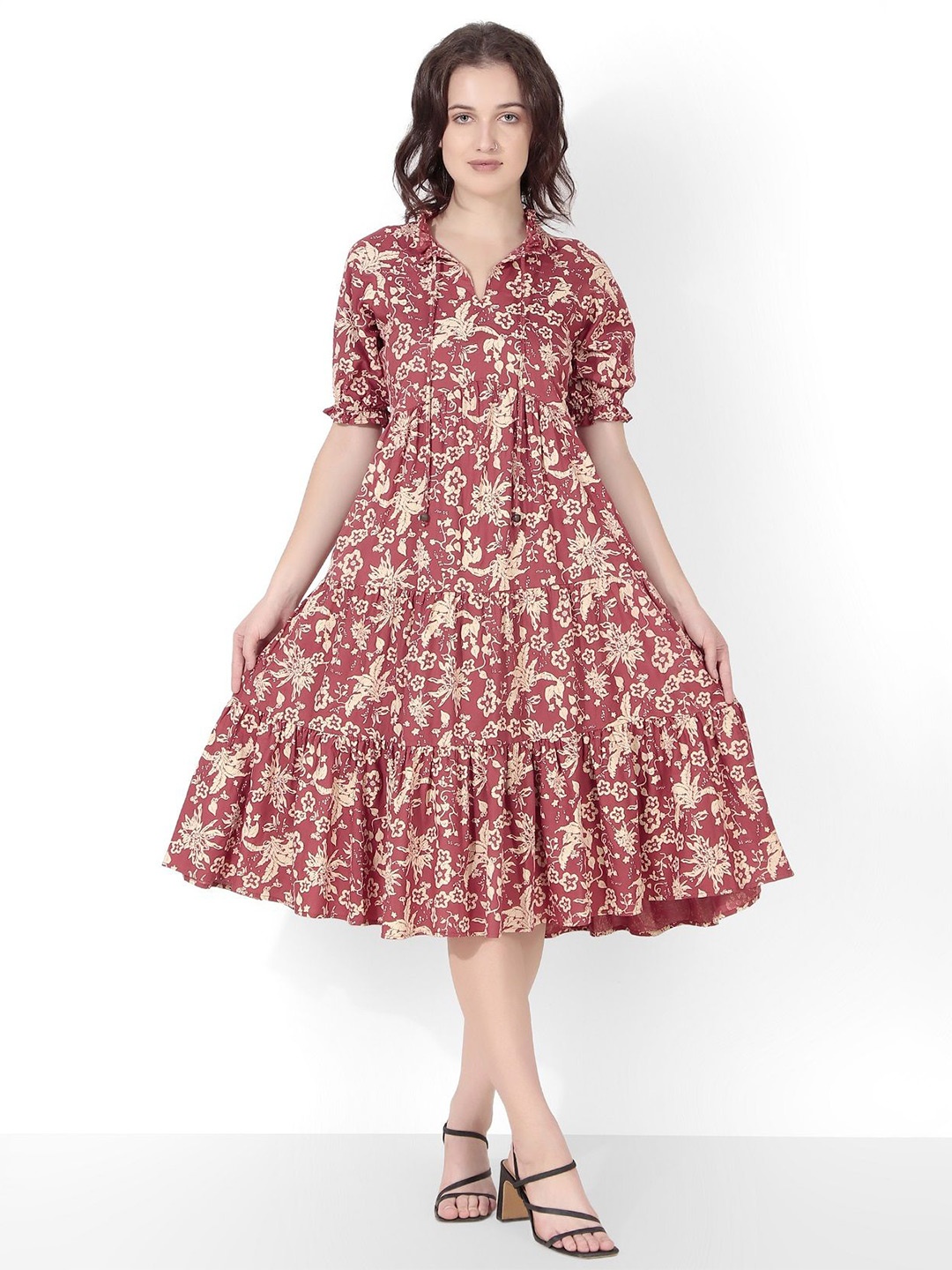 

Seryeon Floral Print Puff Sleeve A-Line Midi Dress, Red