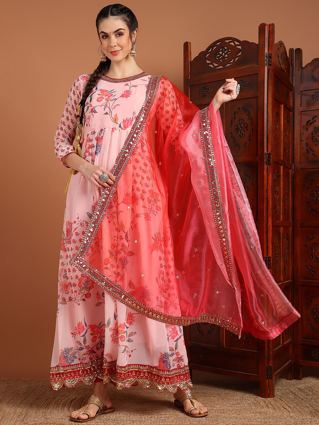 

BHARODIYA ENTERPRISES Floral Printed Sequinned Georgette Kurta with Trousers & Dupatta, Pink