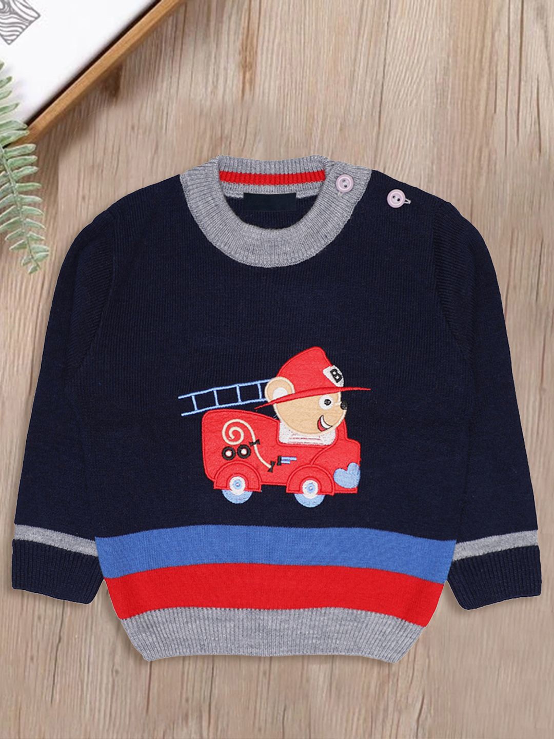 

CHKOKKO Boys Embroidered Woollen Pullover with Embroidered Detail, Navy blue