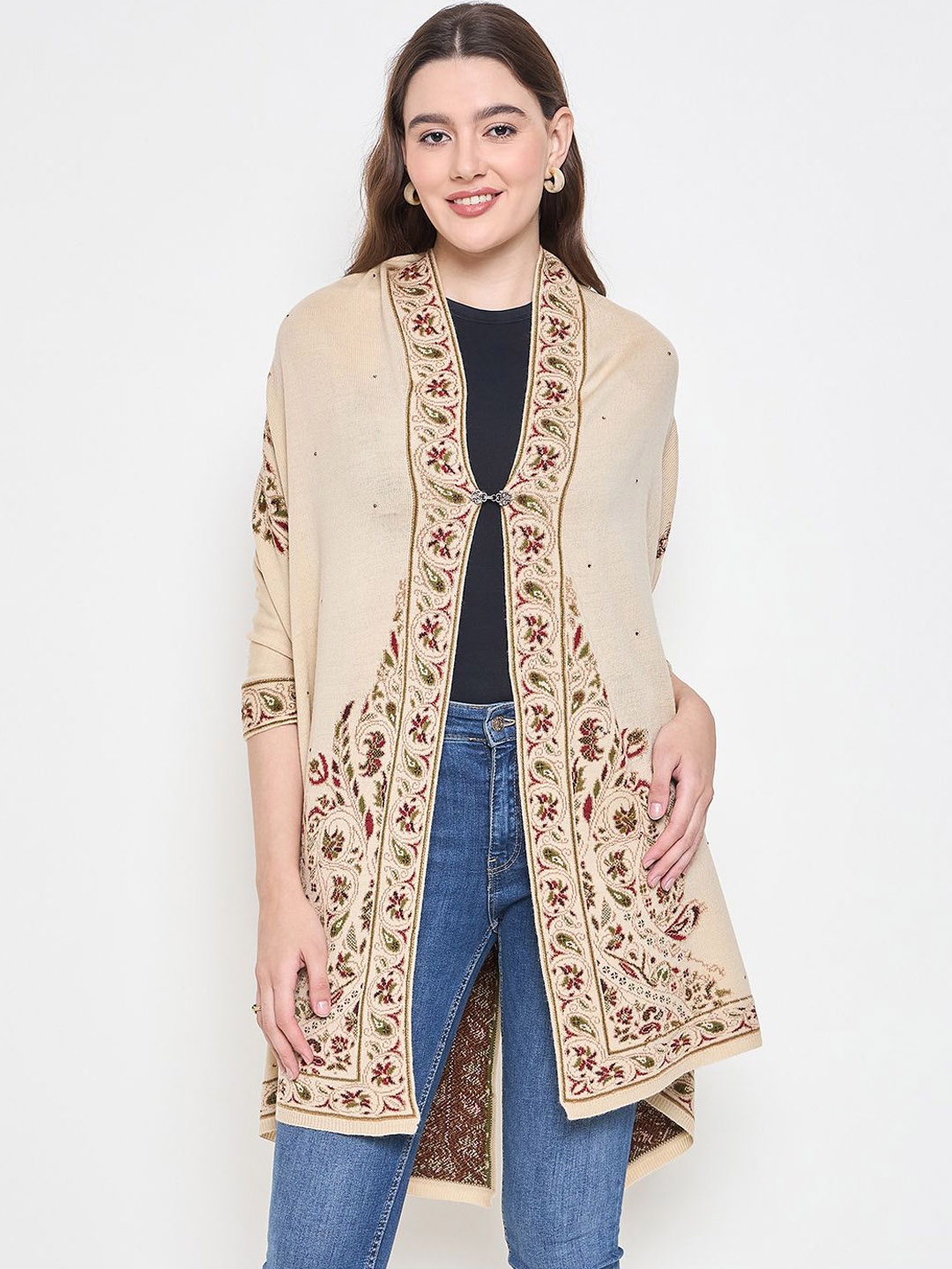 

Knitstudio Floral Printed V-Neck Poncho Sweaters, Camel brown