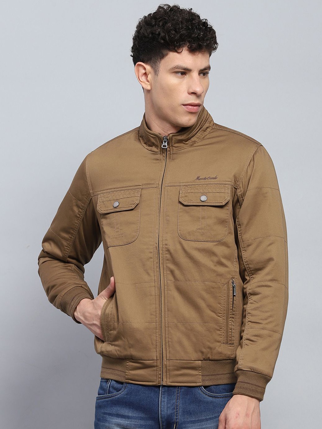 

Monte Carlo Men Mock Collar Solid Cotton Casual Bomber Jacket, Brown