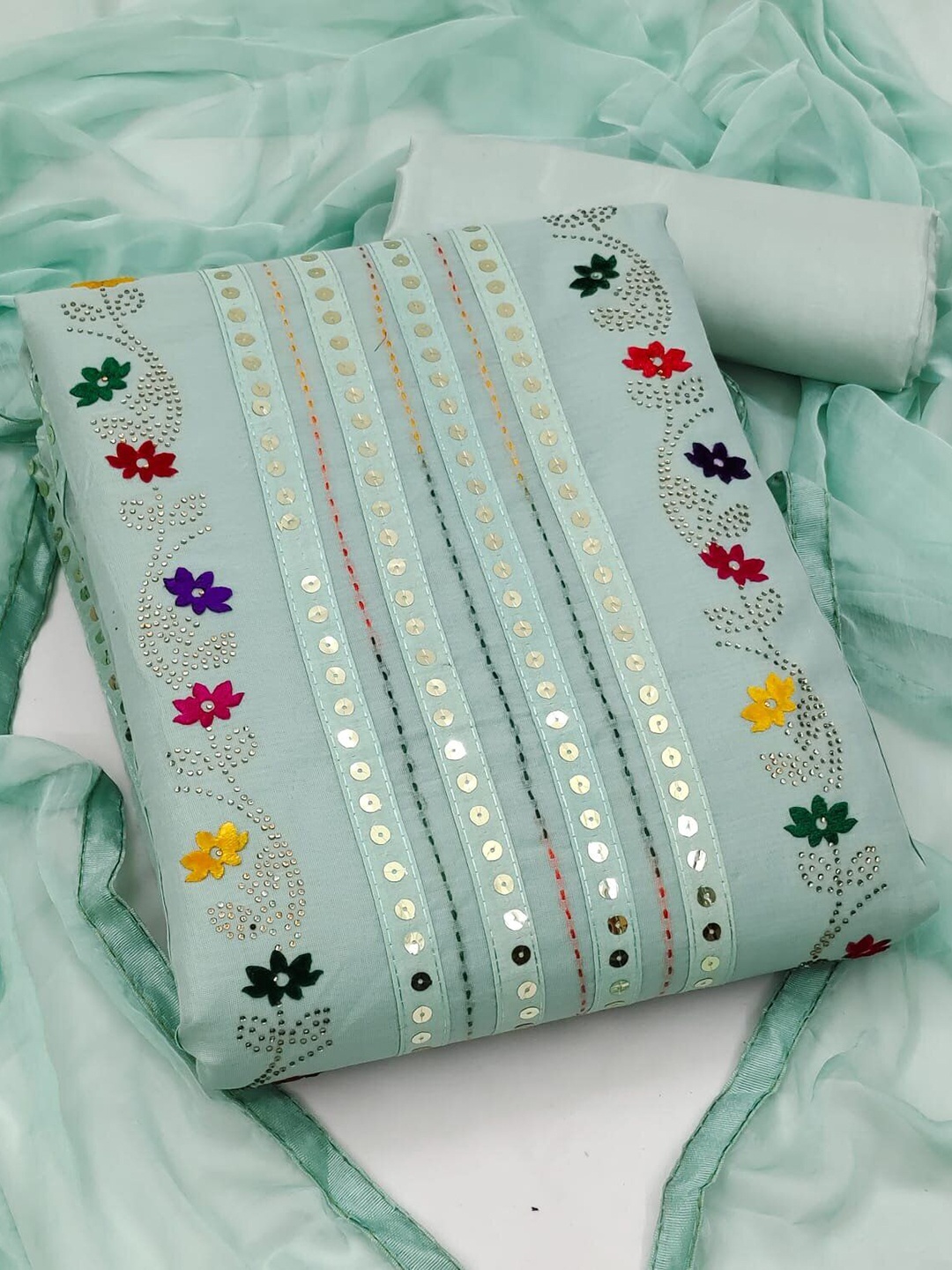 

Maroosh Floral Embroidered Sequinned Unstitched Dress Material, Sea green