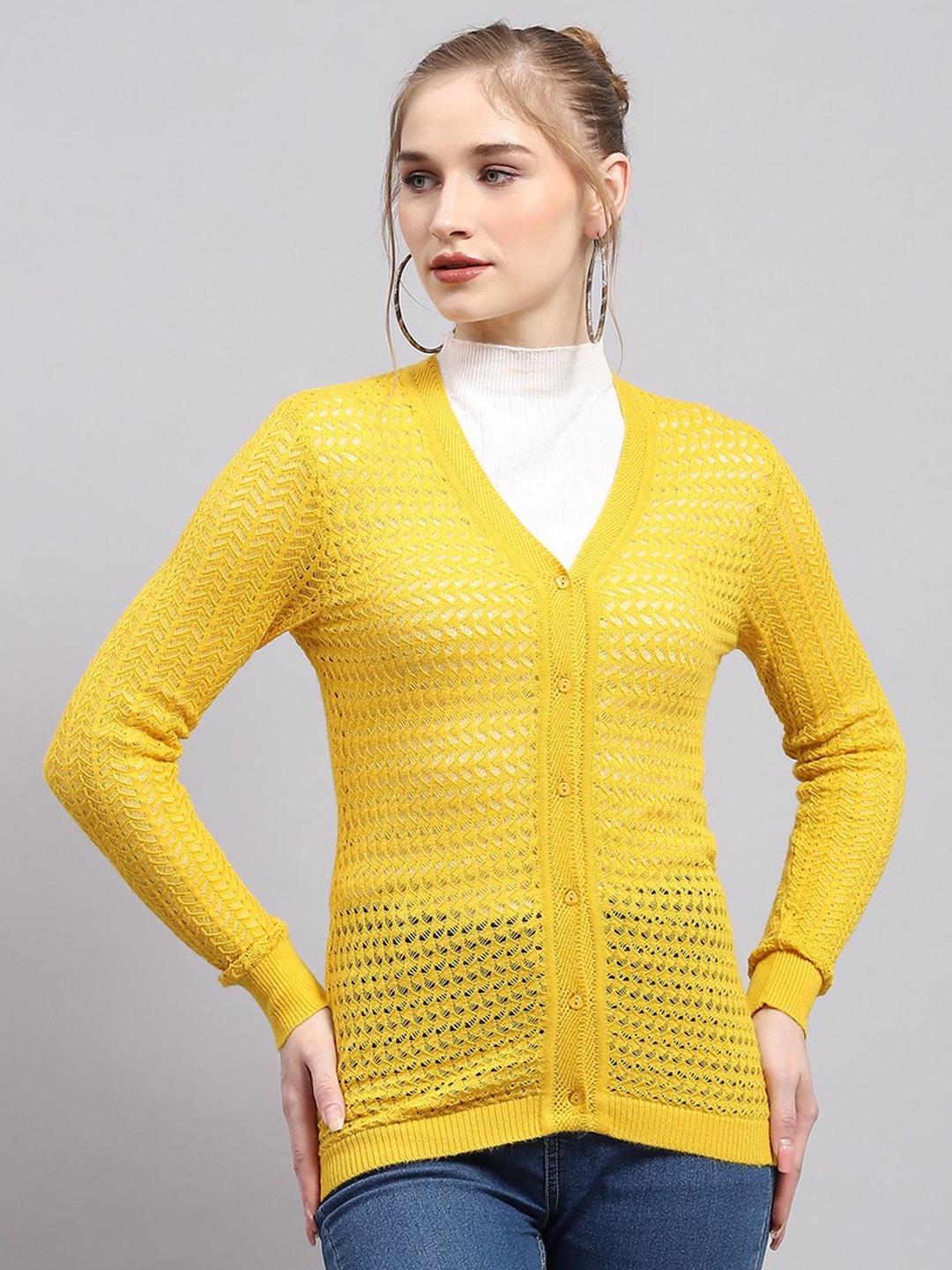 

Monte Carlo Women Cable Knit Woollen Cardigan, Yellow