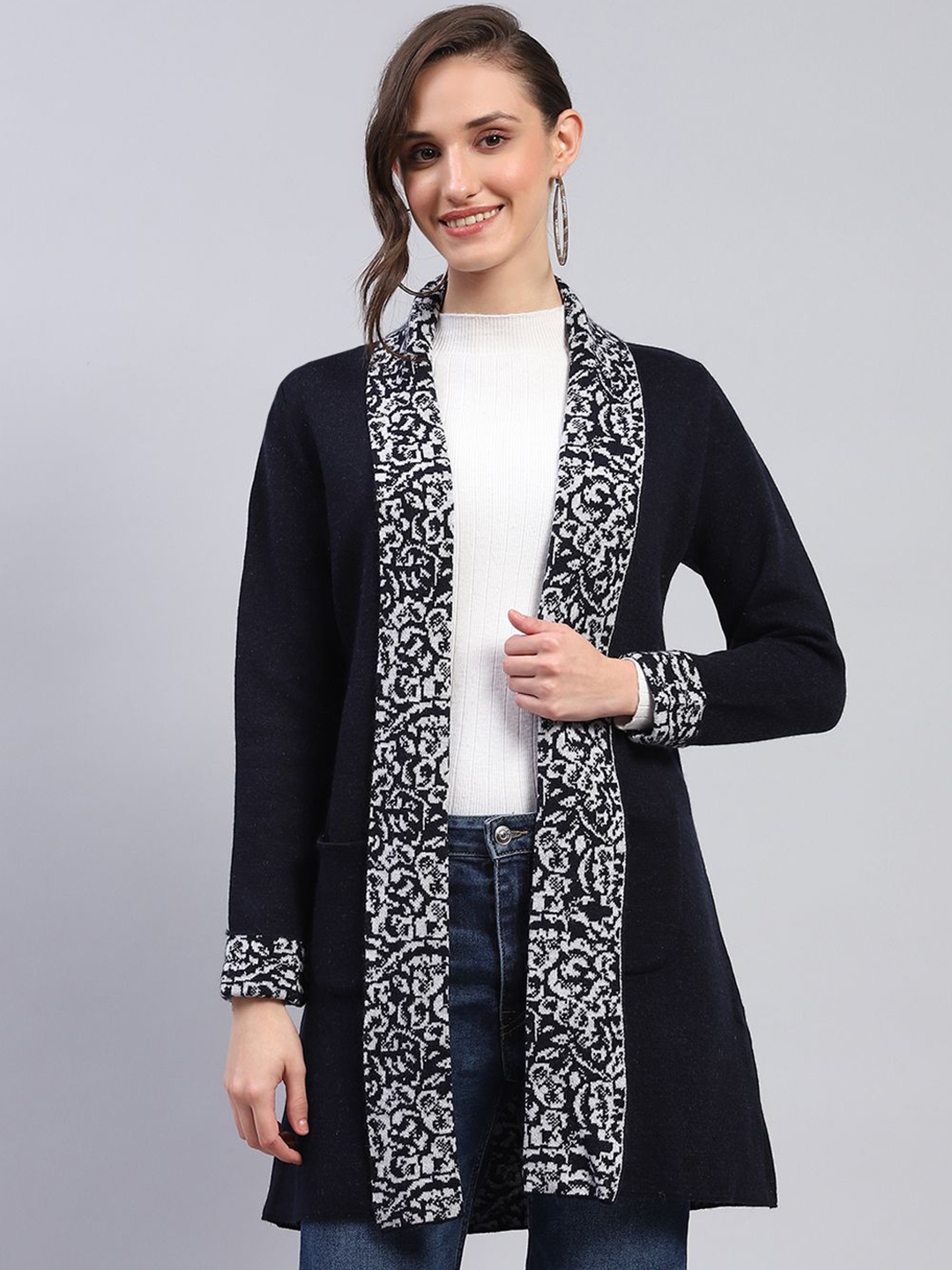 

Monte Carlo Women Printed Woollen Longline Cardigan, Navy blue