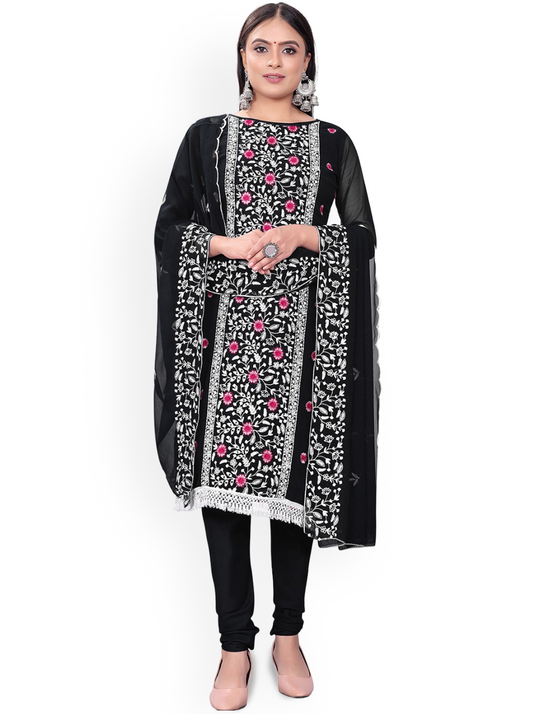 

Maroosh Floral Embroidered Unstitched Dress Material, Black