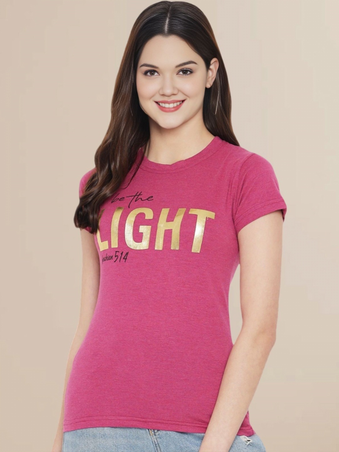 

Metronaut Women Typography Printed Round Neck Cotton T-shirt, Pink