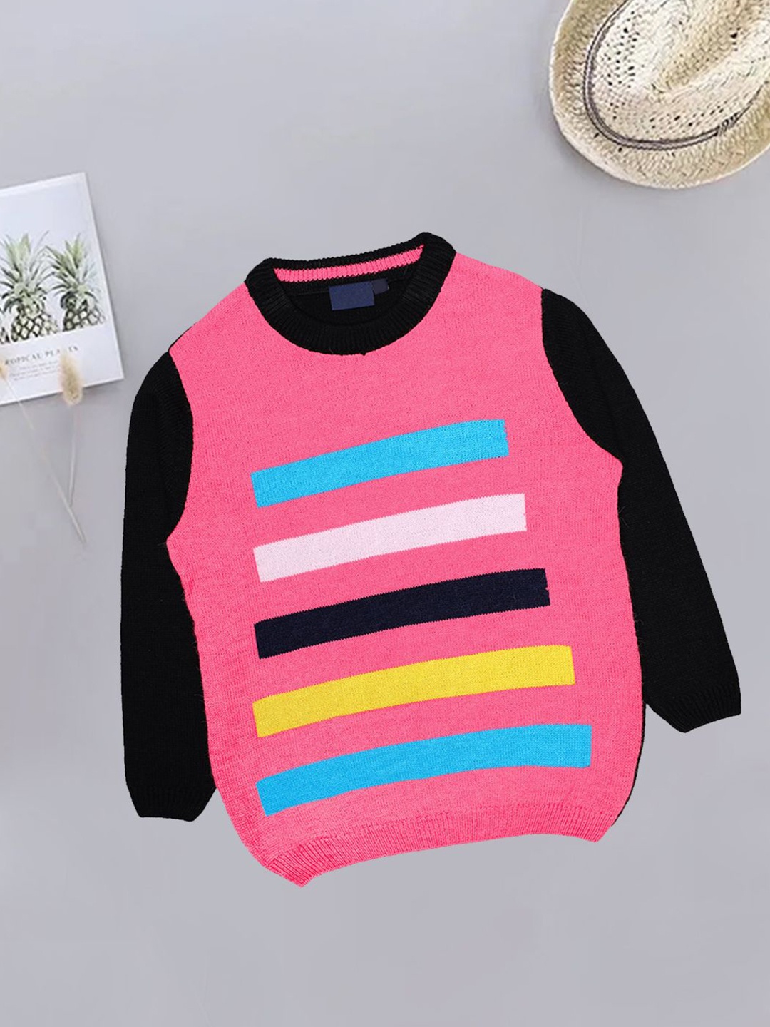 

CHKOKKO Girls Colourblocked Woollen Pullover, Pink