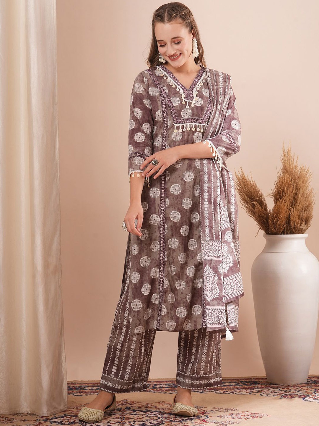 

FASHOR Ethnic Motifs Printed Regular Pure Cotton Straight Kurta with Palazzos & Dupatta, Brown