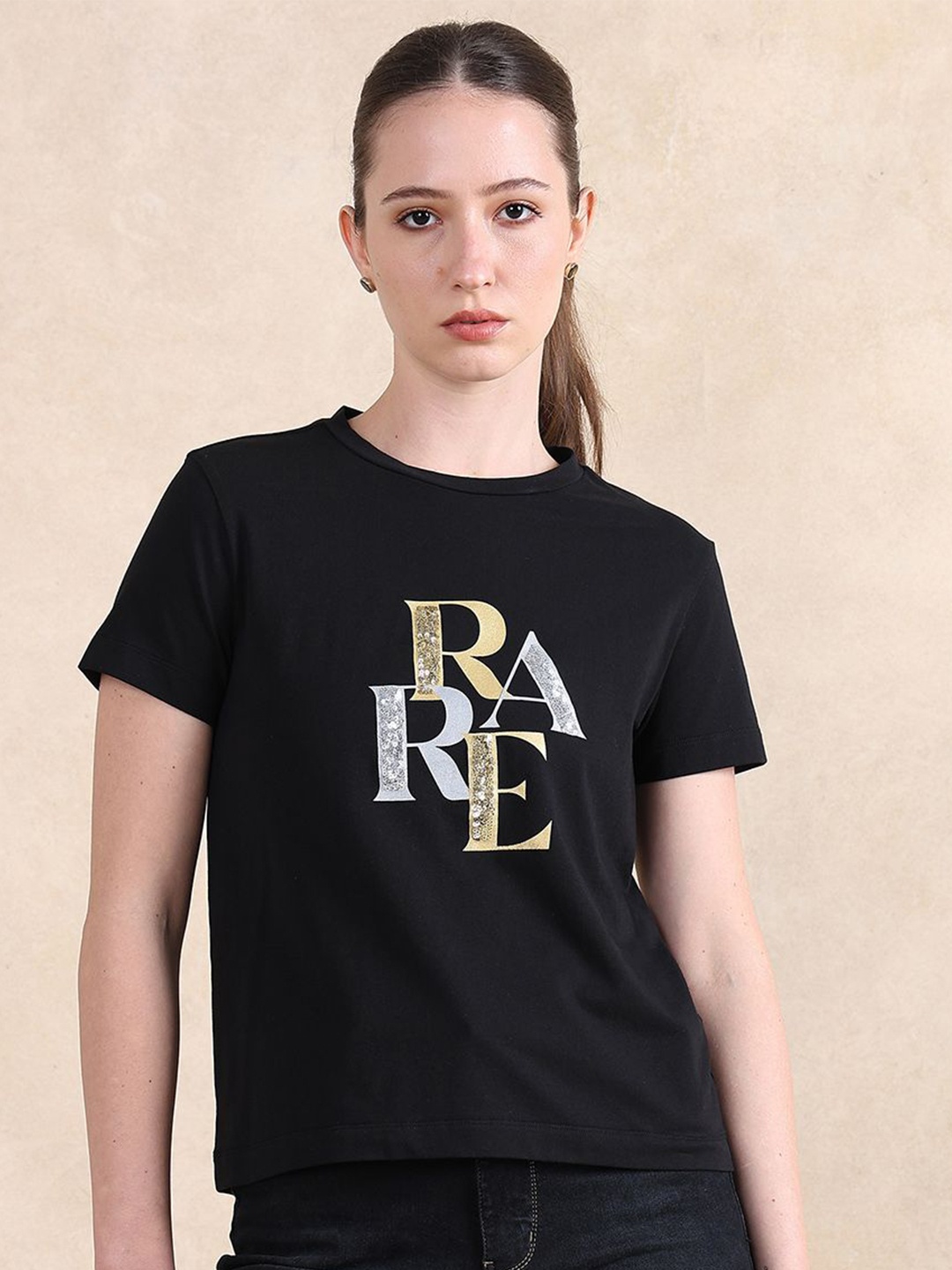 

RAREISM Women Typography Printed Round Neck Cotton T-shirt, Black