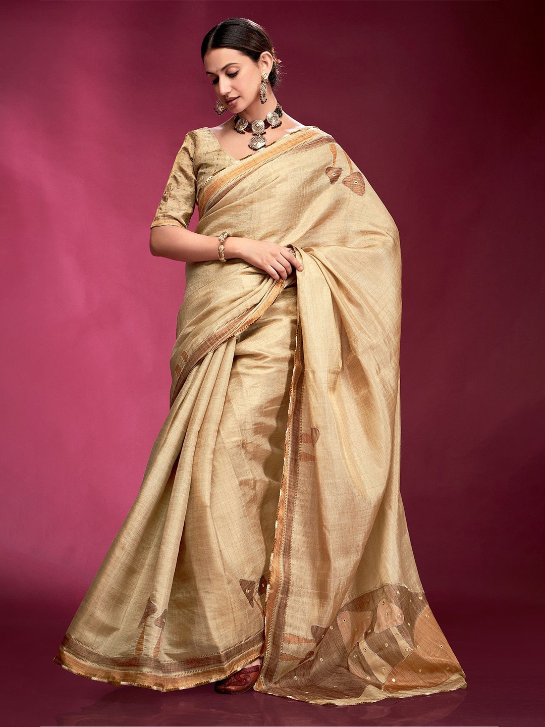 

MySilkLove Zari Silk Blend Tussar Saree, Cream