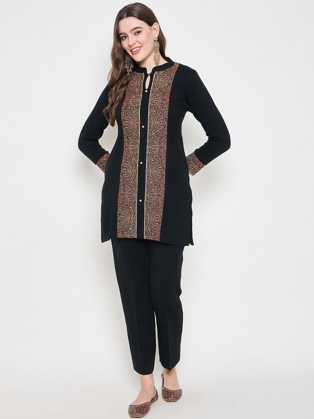 

Knitstudio Ethnic Motifs Woven Design Pure Wool Kurti With Trousers, Black