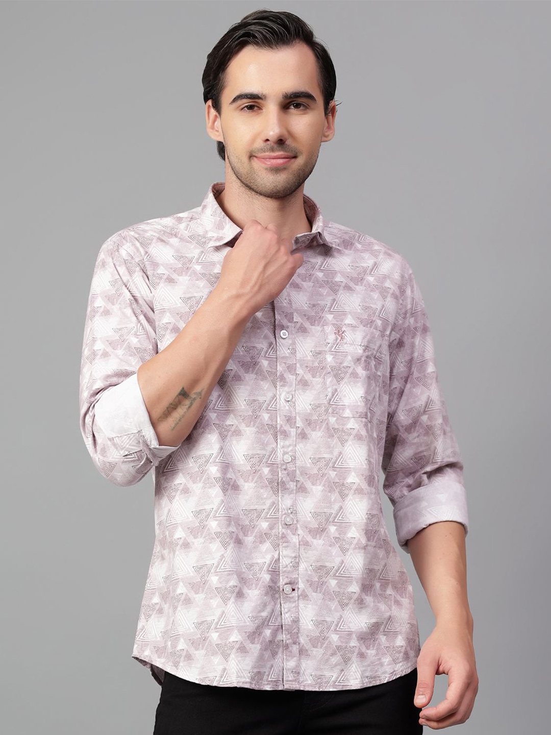 

Cantabil Men Spread Collar Geometric Printed Cotton Slim Fit Casual Shirt, Purple