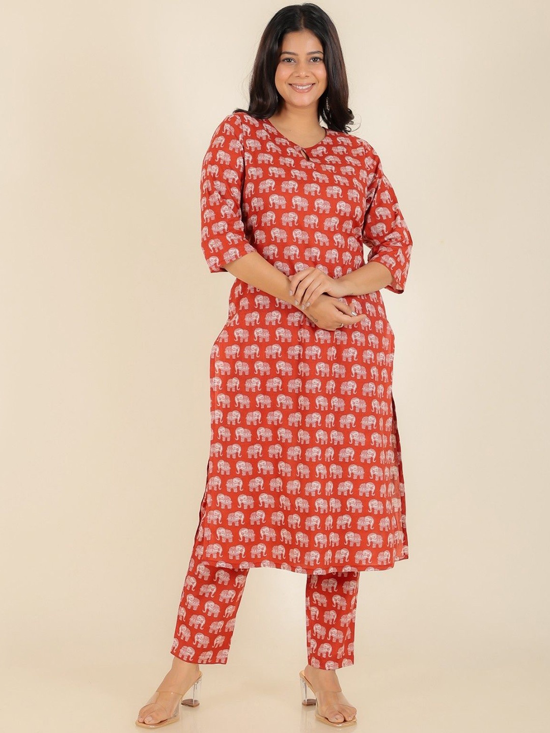 

Aramya Quirky Printed Keyhole Neck Regular Pure Cotton Kurta With Trouser, Red