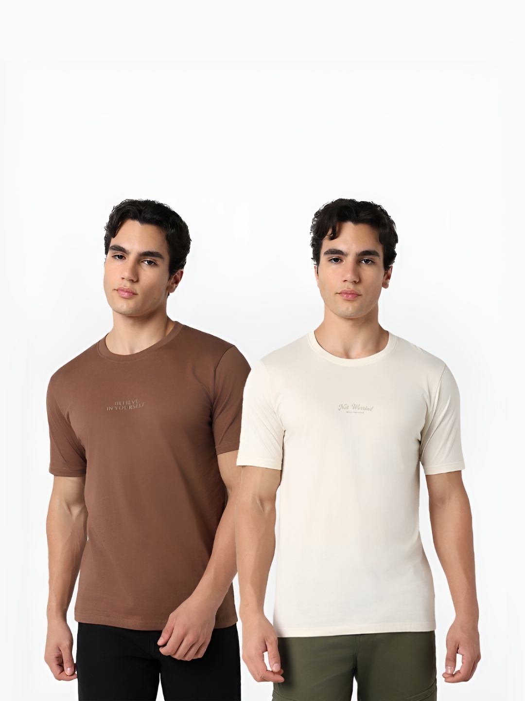 

R&B Men Pack Of 2 Typography Printed Round Neck Cotton T-shirts, Brown