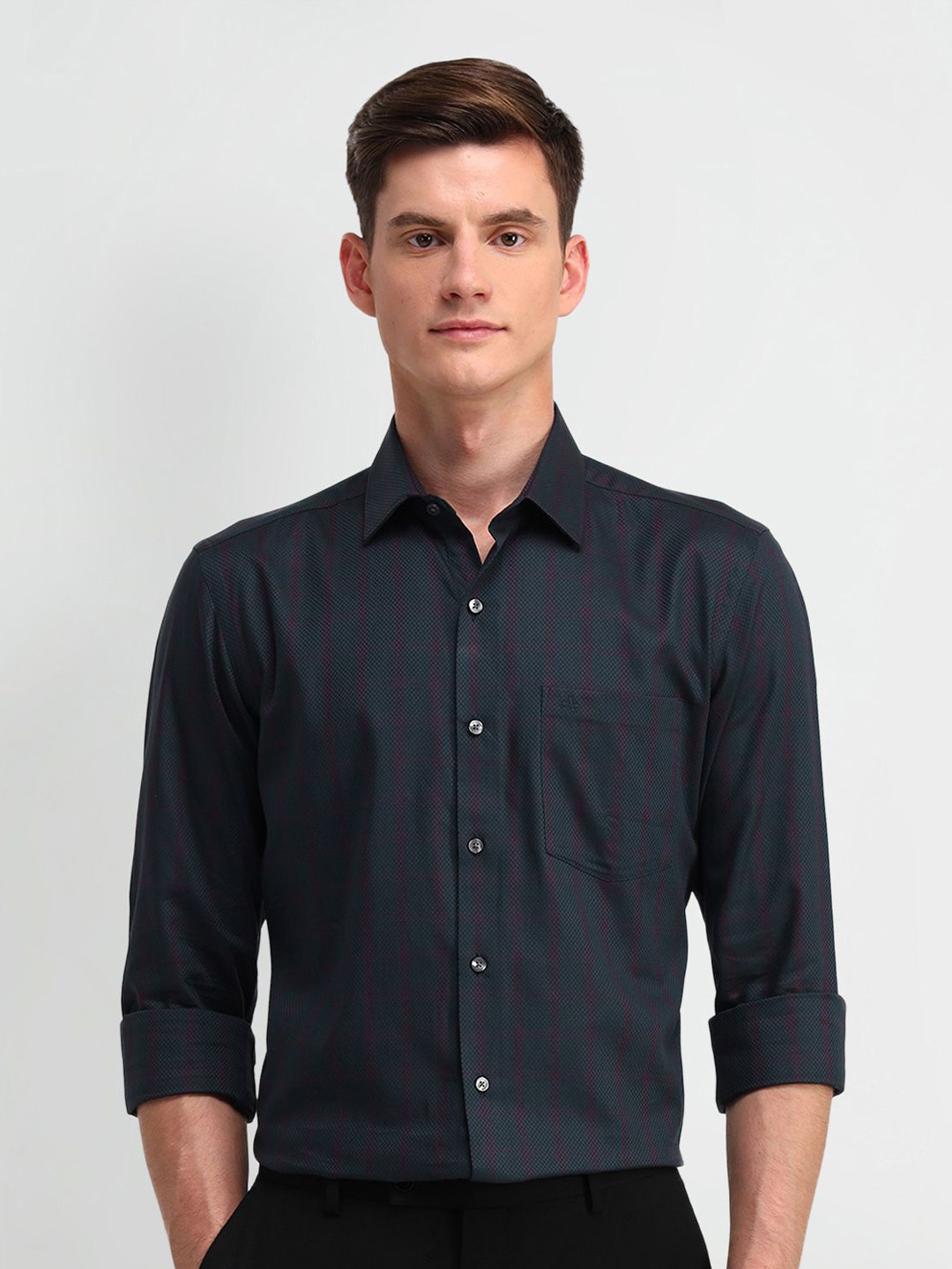 

Arrow Men Classic Spread Collar Micro Checked Cotton Formal Shirt, Black