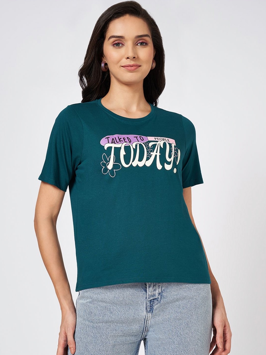 

People Women Typography Printed Round Neck Cotton T-shirt, Teal