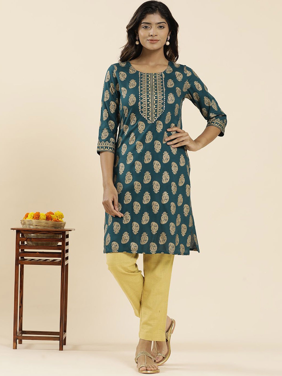 

Jaipur Kurti Paisley Printed Straight Kurta, Teal