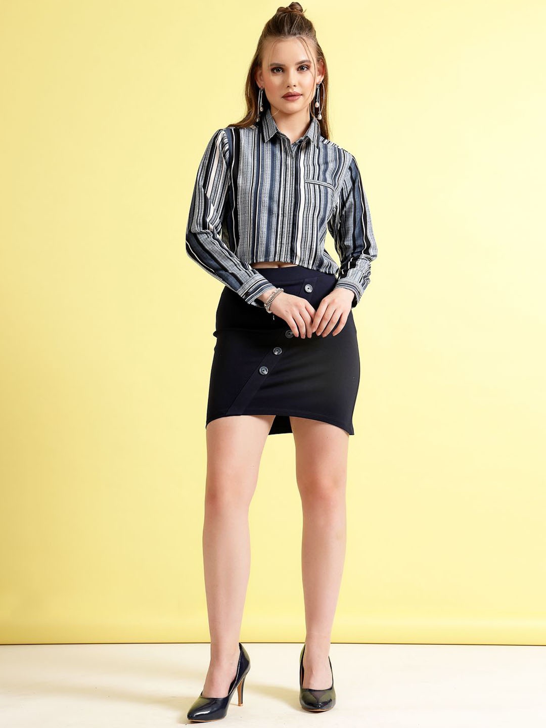 

BEING NAUGHTY Striped Shirt Collar Long Sleeves Shirt With Skirt, Blue