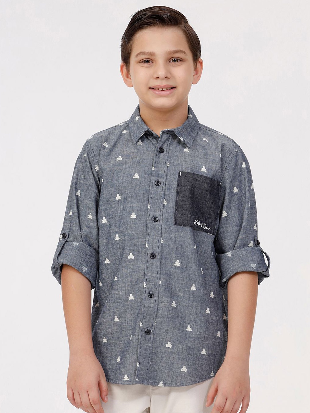 

KATE & OSCAR Boys Cutaway Collar Conversational Printed Cotton Casual Shirt, Grey