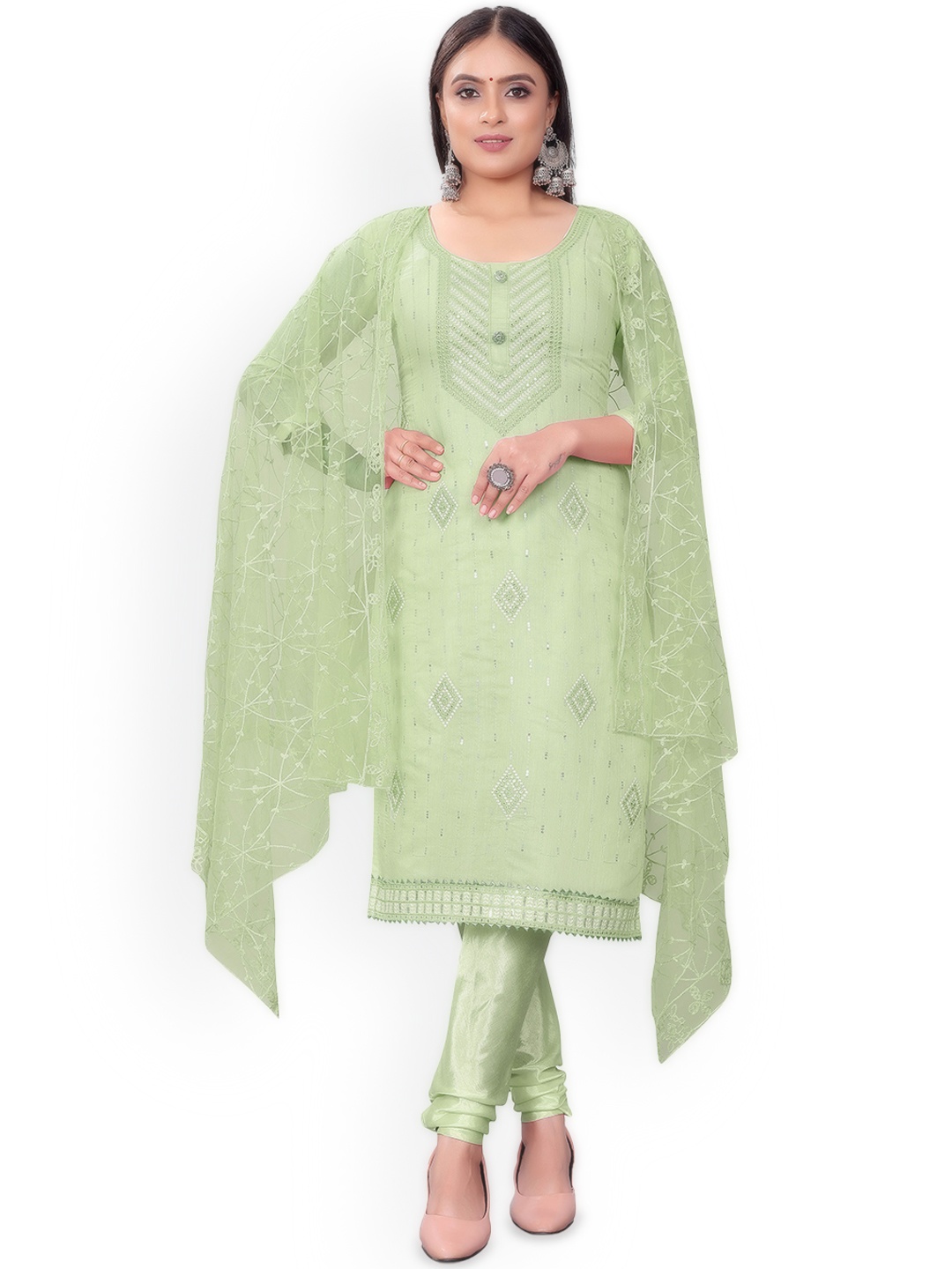 

Maroosh Floral Embroidered Mirror Work Unstitched Dress Material, Green