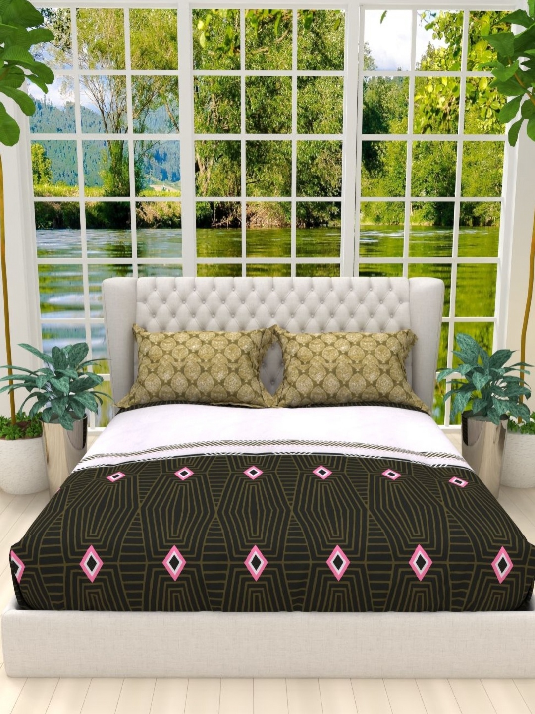 

THE WHITE MOSS White & Green 130 TC Cotton King Bedsheet with 2 Pillow Covers 2 x 2mt