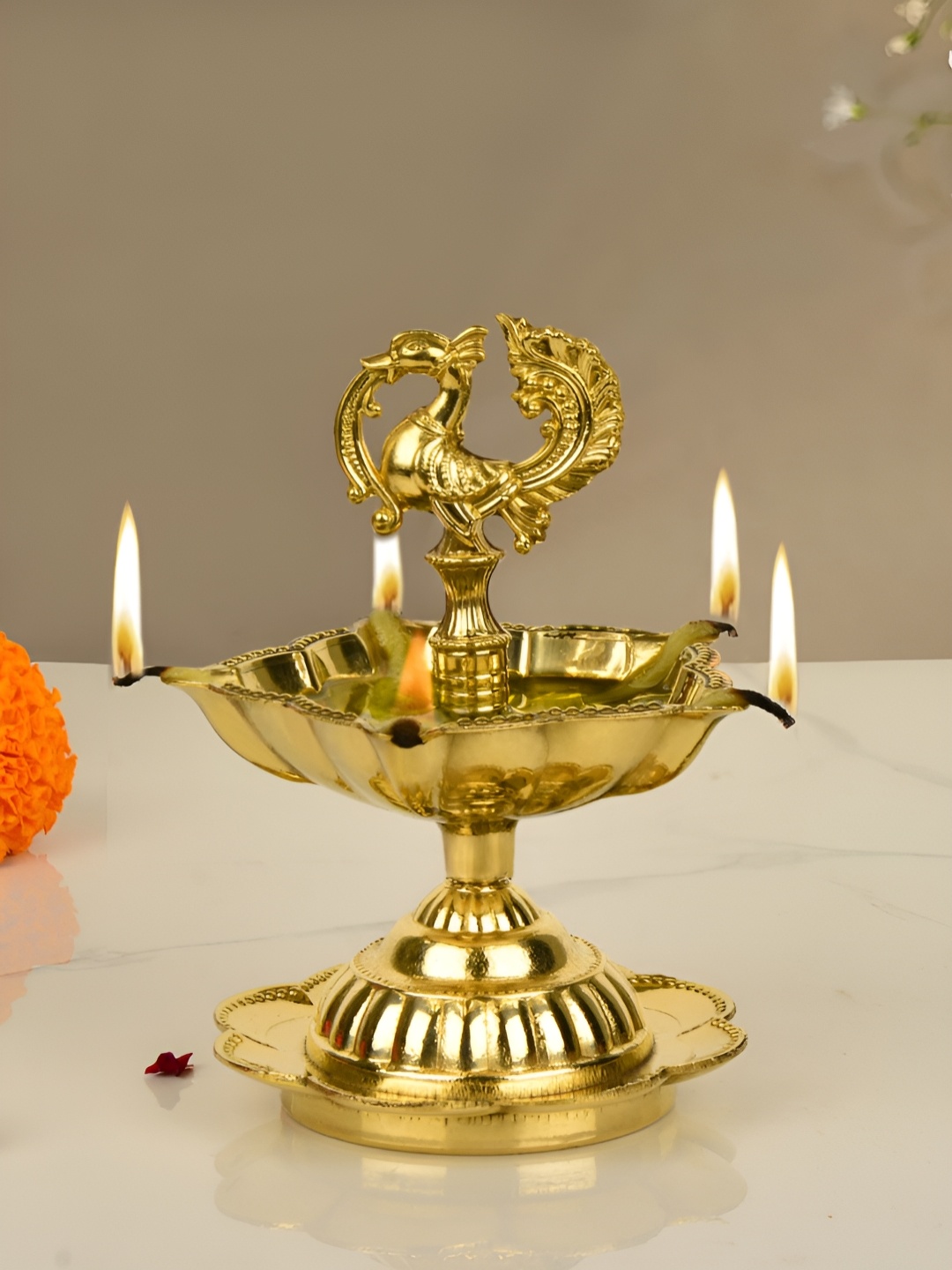 

StyleMyWay Gold Toned Brass Panchmukhi Peacock Diya