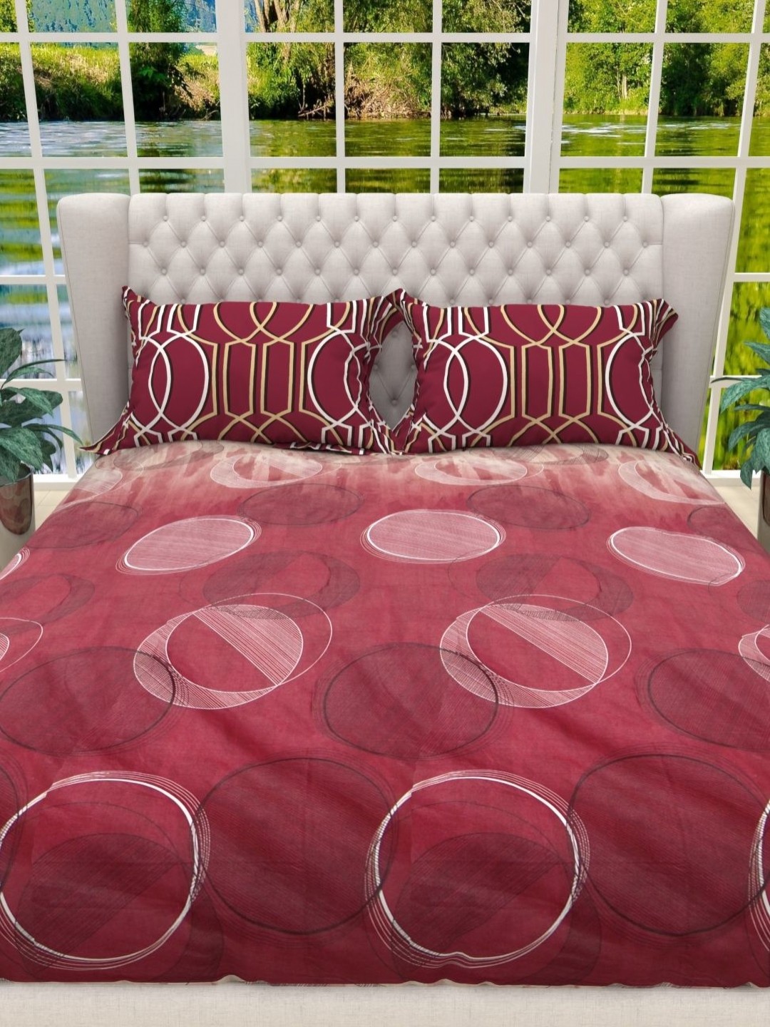 

THE WHITE MOSS Red & White 130 TC Cotton King Bedsheet with 2 Pillow Covers 2 x 2mt