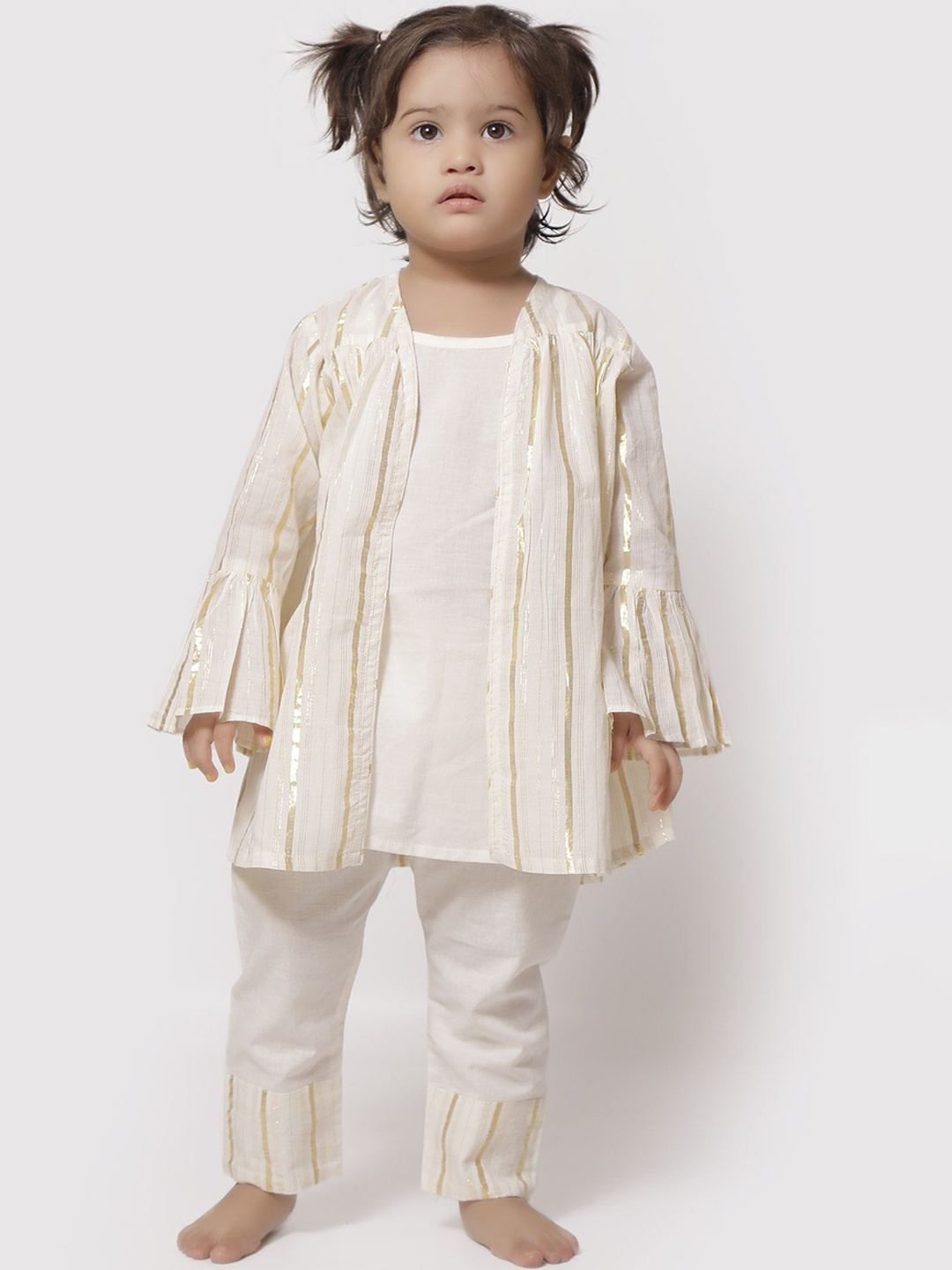 

TJORI Girls Striped Pure Cotton A Line Kurti with Salwar, Off white