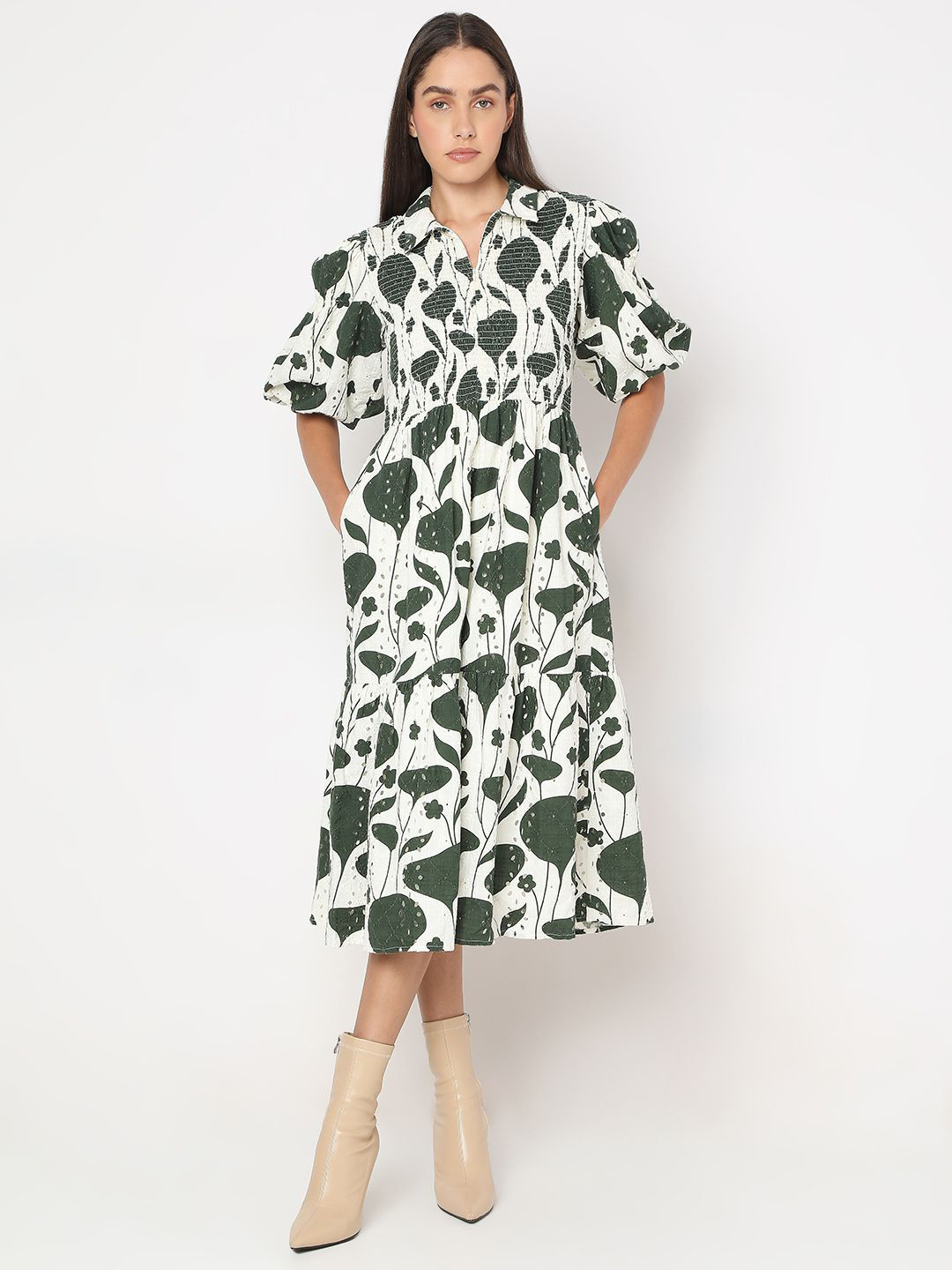 

Vero Moda Floral Print Puff Sleeve Fit & Flare Midi Dress, Green
