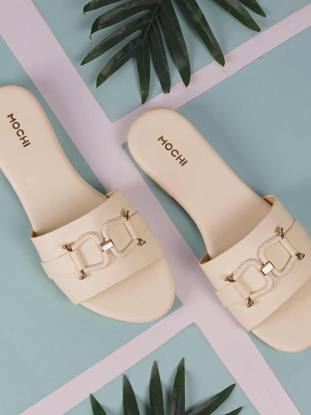 

Mochi Women Open Toe Flats with Buckles, Beige