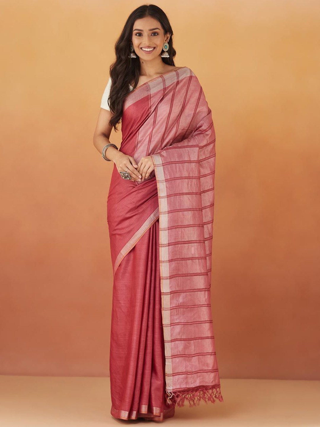 

Fabindia Striped Pure Silk Saree, Pink