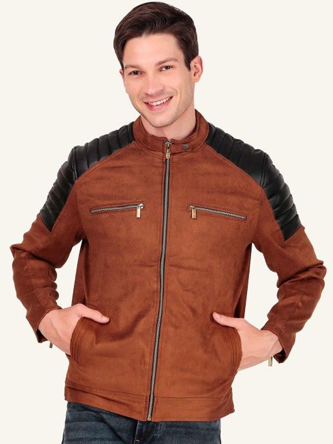 

Leather Retail Men Mock Collar Solid Casual Biker Jacket, Brown