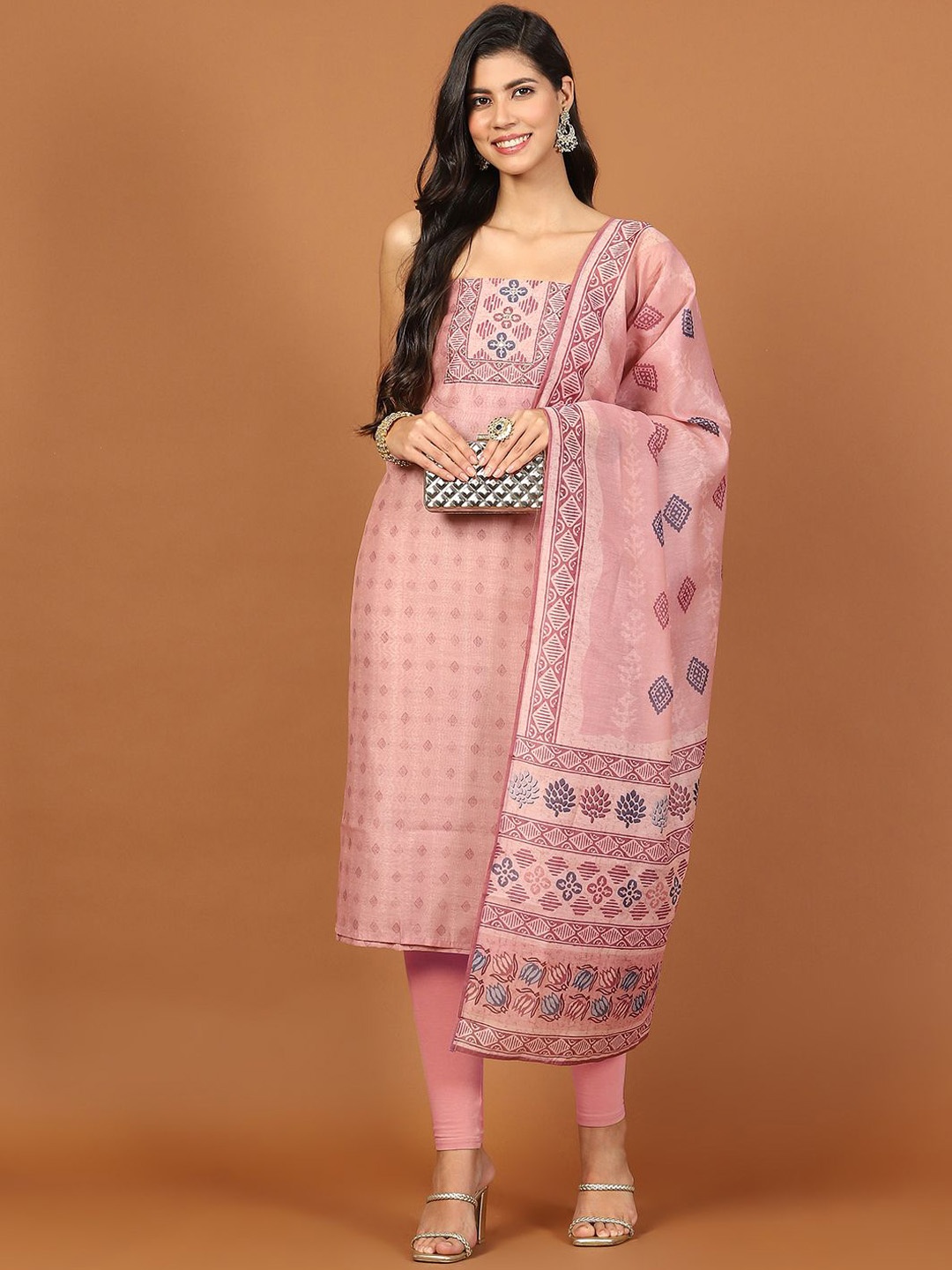 

Meena Bazaar Geometric Printed Beads and Stones Chanderi Unstitched Dress Material, Pink
