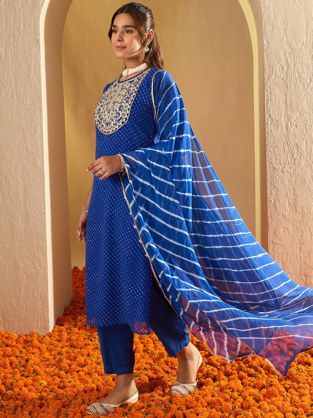 

Indo Era Leheriya Embroidered Georgette Straight Kurta With Trousers & Dupatta, Blue