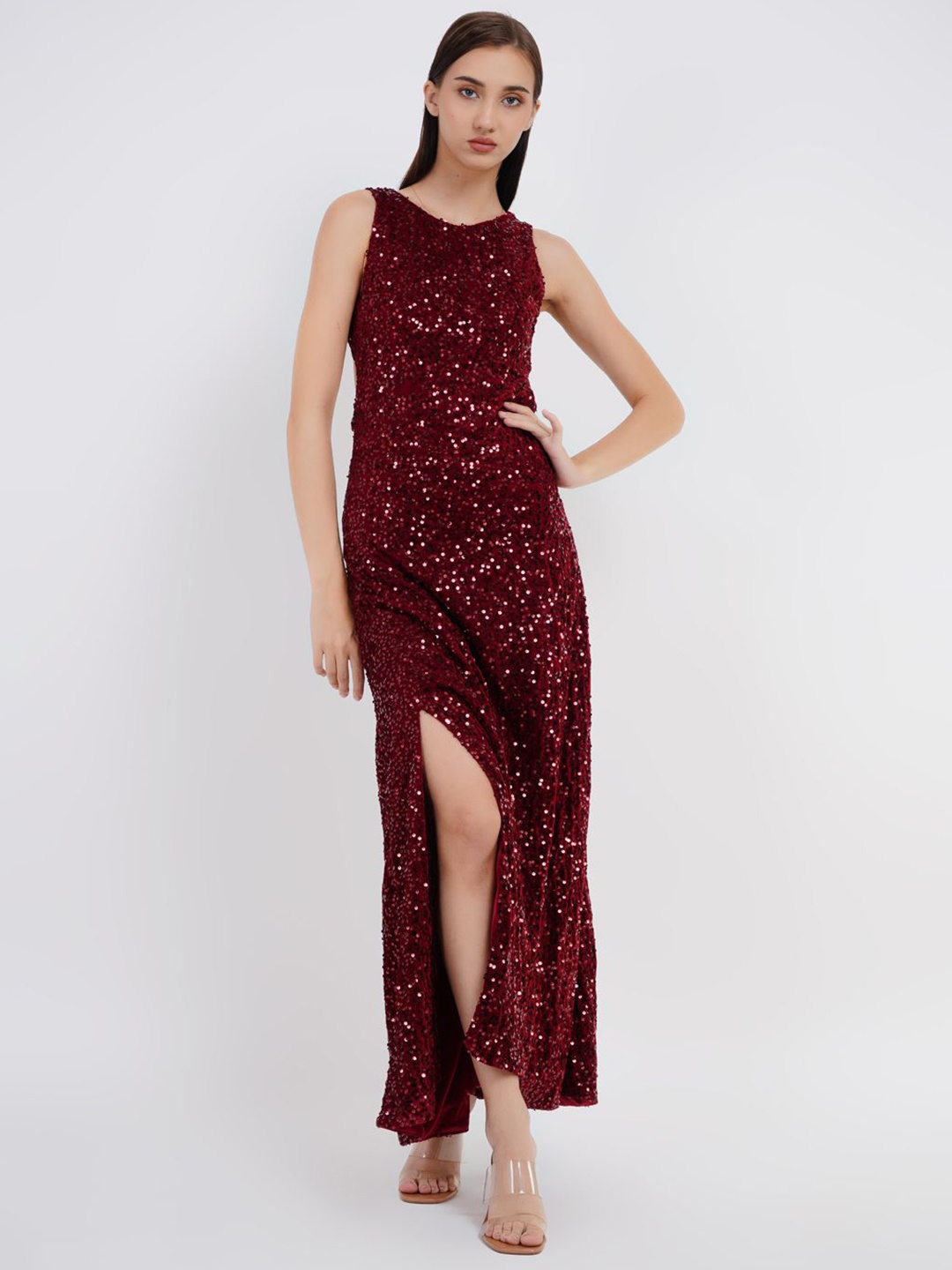 

Womenue Women Embellished Velvet Bodycon Maxi Dress, Red