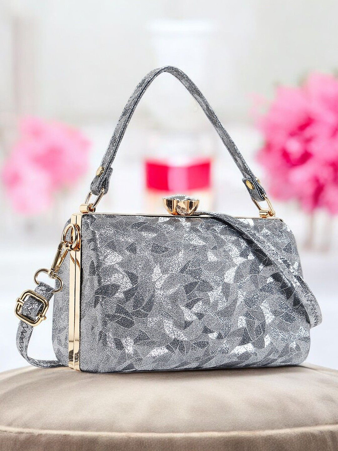 

Exotic Textured Buckle Detail Box Clutch, Silver