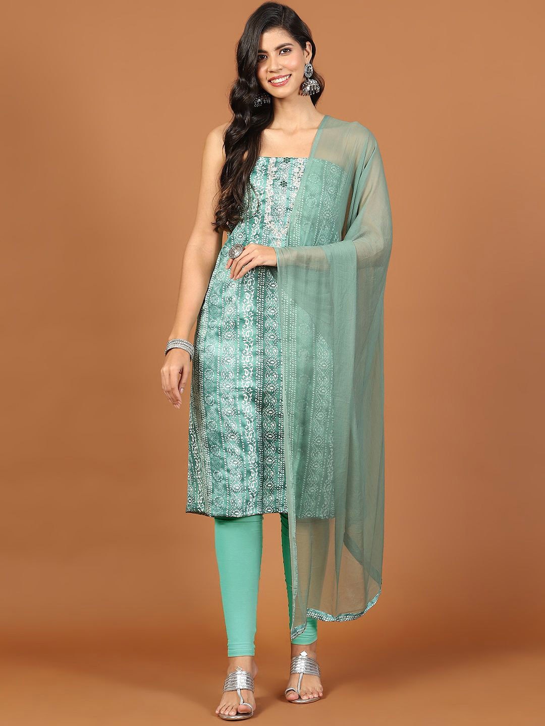 

Meena Bazaar Floral Printed Sequinned Unstitched Dress Material, Green