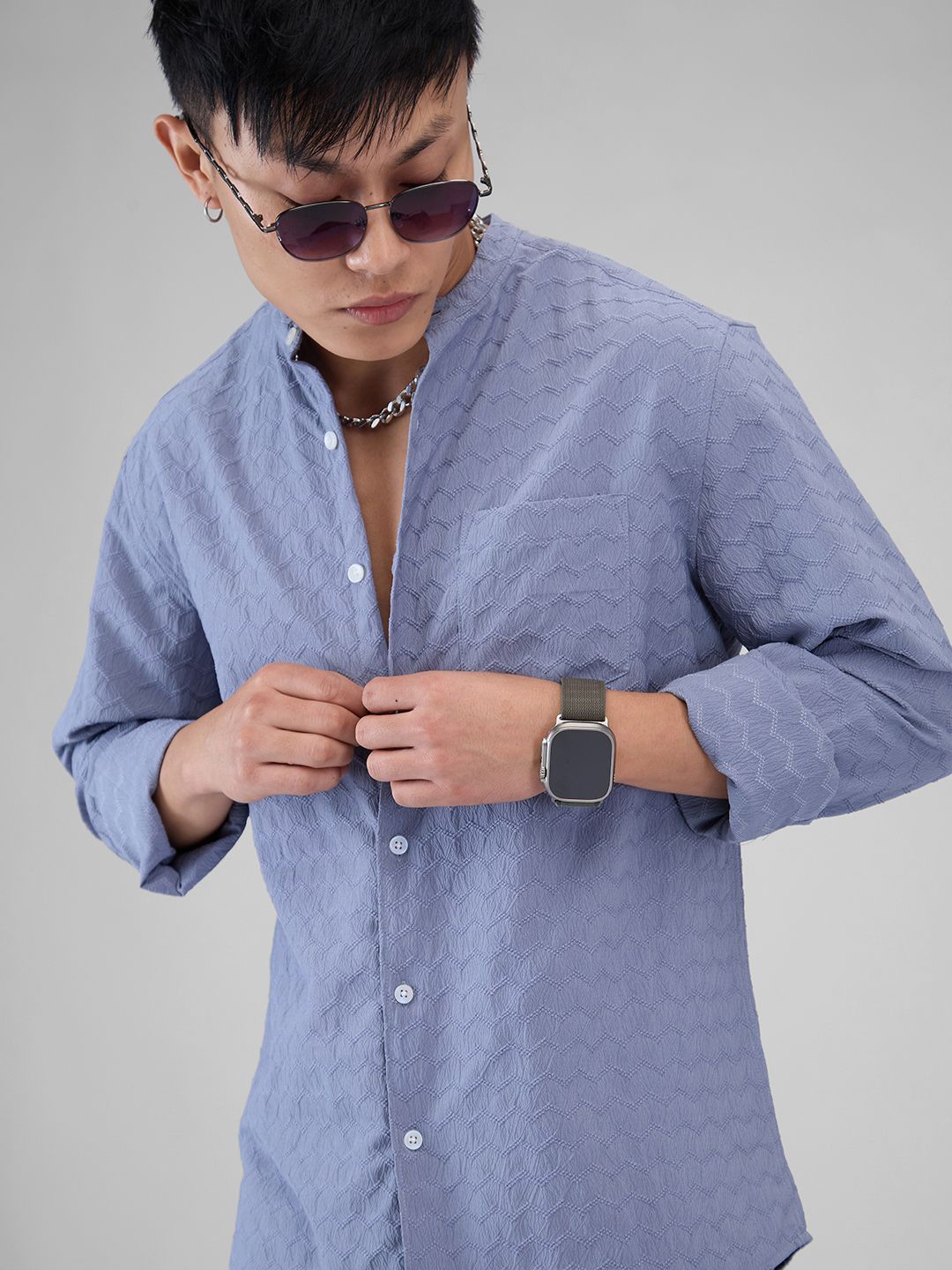 

VASTRADO Men Classic Mandarin Collar Textured Casual Shirt, Blue