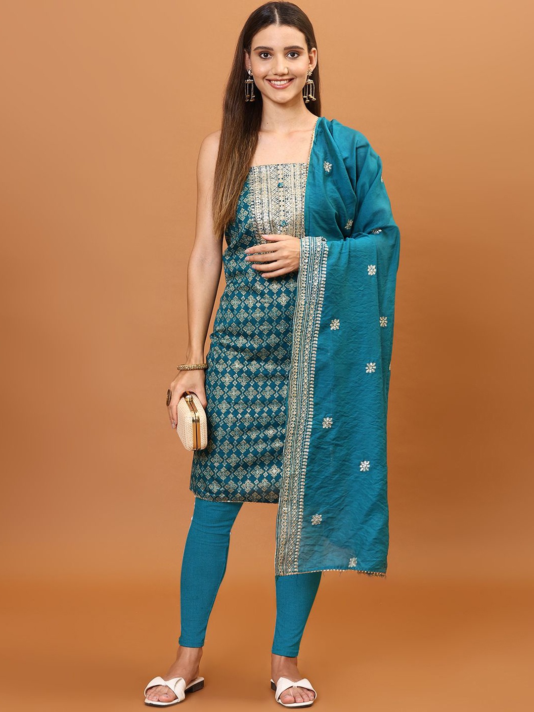 

Meena Bazaar Printed Unstitched Dress Material, Teal