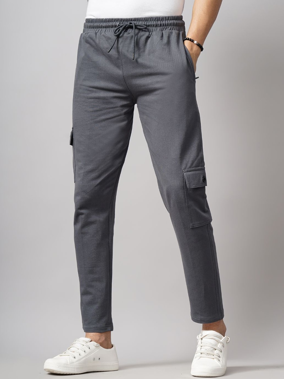 

PAUL STREET Men Cotton Relaxed Straight Fit Cargos Trousers, Charcoal