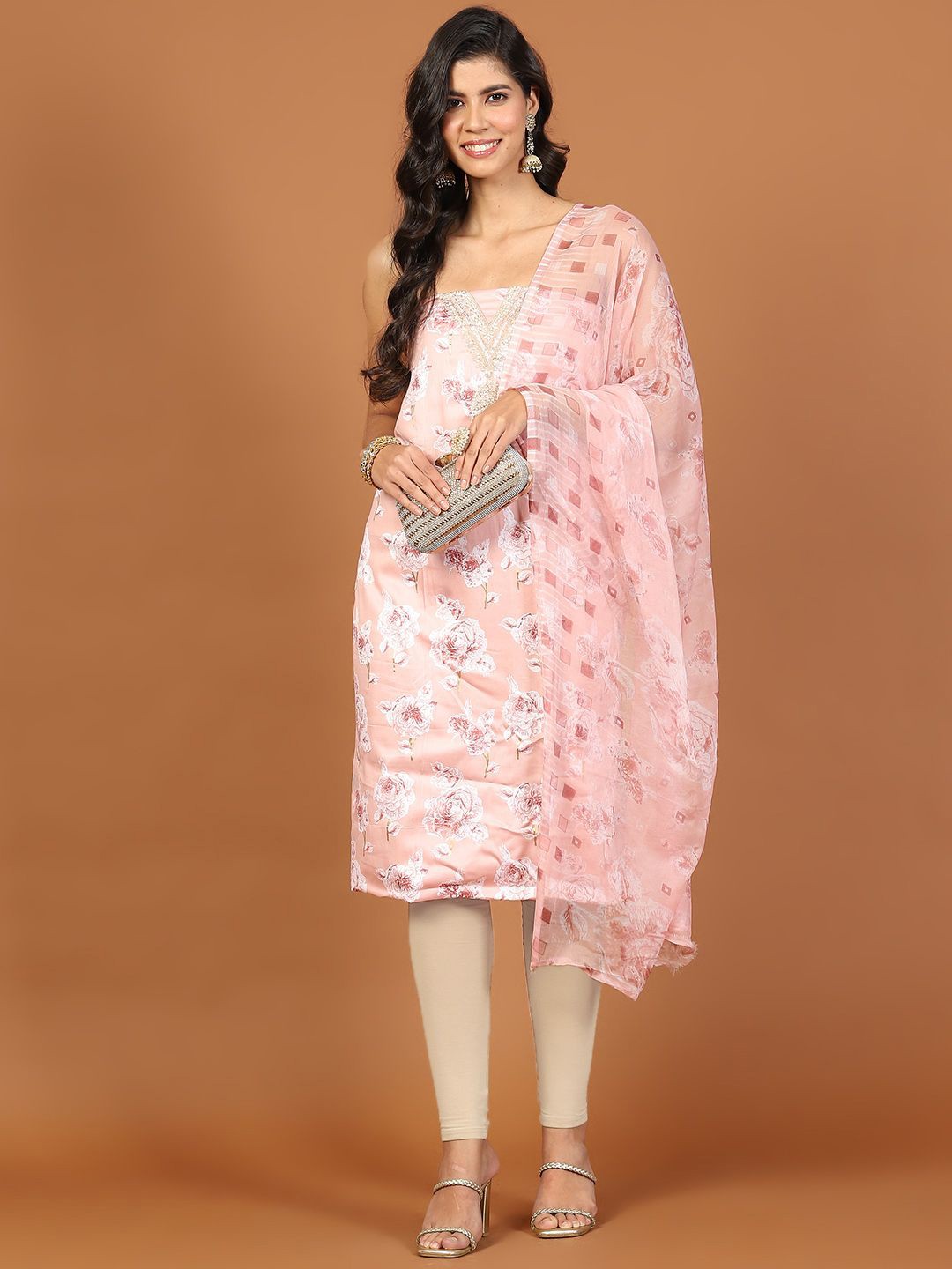 

Meena Bazaar Floral Printed Unstitched Dress Material, Peach