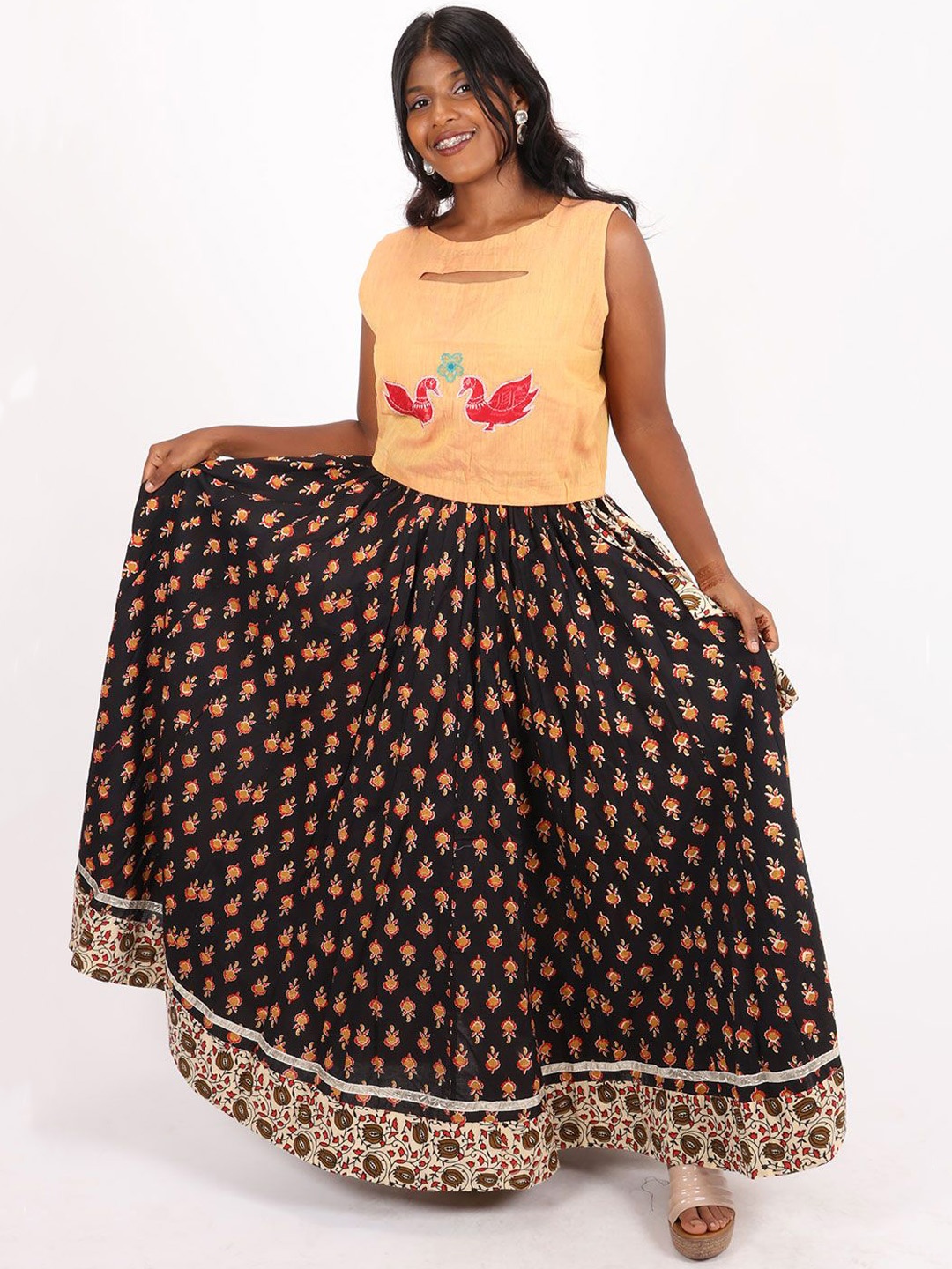 

Avishya Block Printed Pure Cotton Flared Maxi Skirts, Black