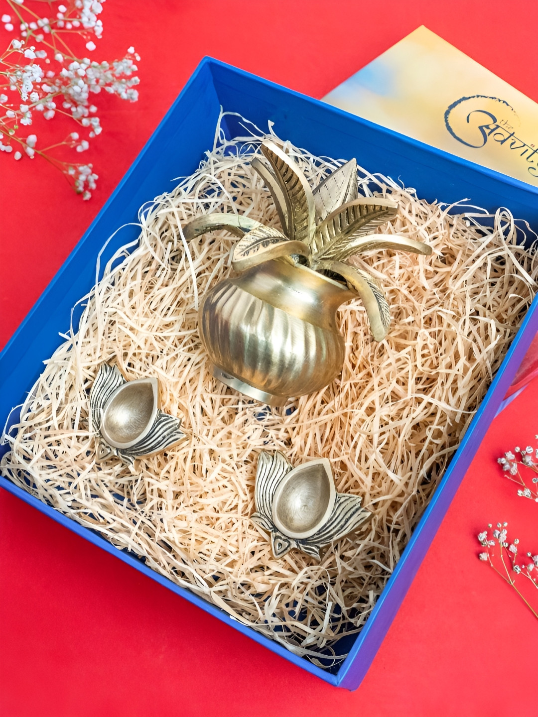 

The Advitya Brass Kalash and Lotus Diya Pair Gold Combo Diwali Gift Set