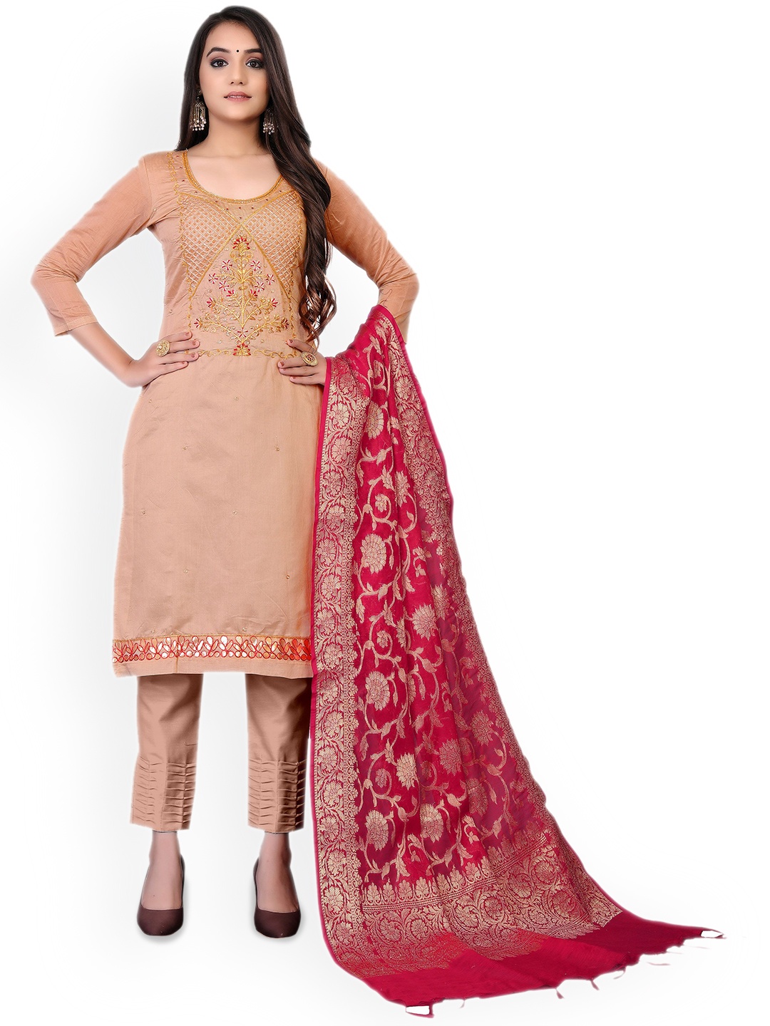 

Maroosh Floral Embroidered Unstitched Dress Material, Beige