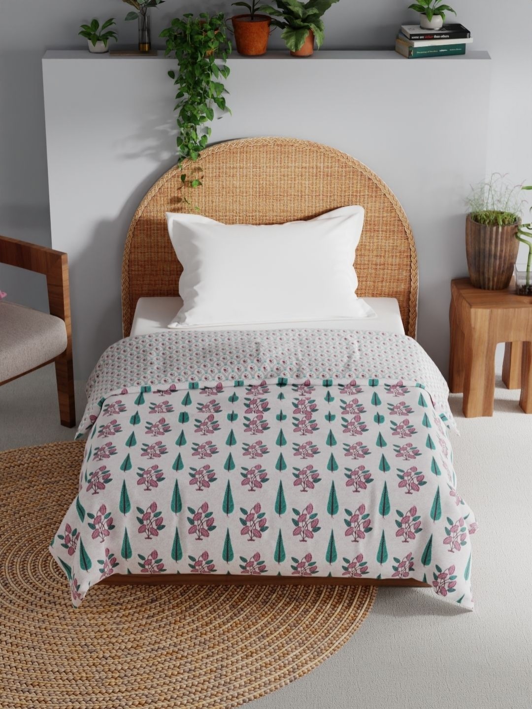 

BIANCA Mezzo White & Pink Floral Printed Pure Cotton AC Room 150 GSM Single Bed Dohar
