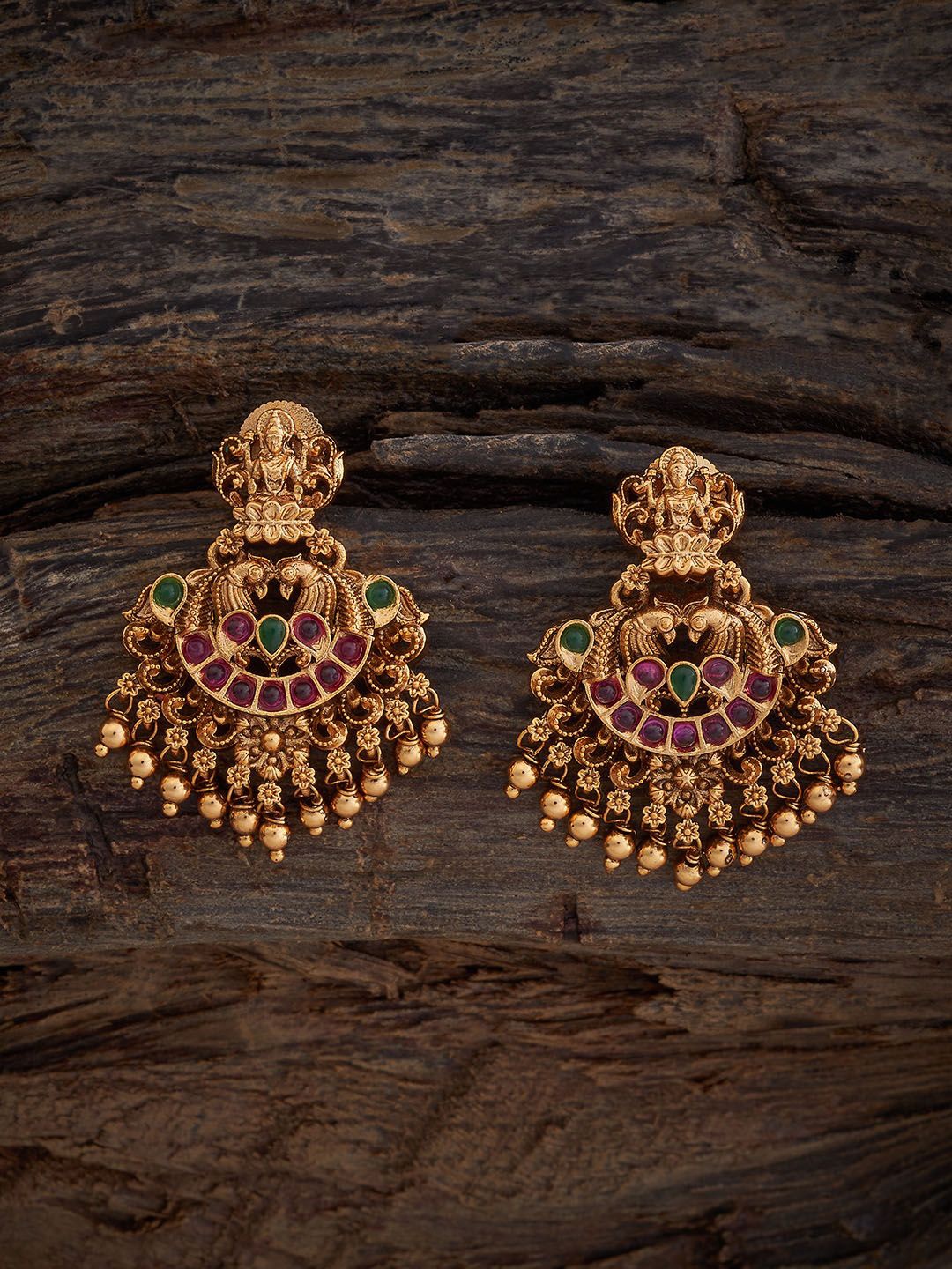 

Kushal's Fashion Jewellery Gold-Plated Peacock Shaped Antique Stone Studded Drop Earrings, Red